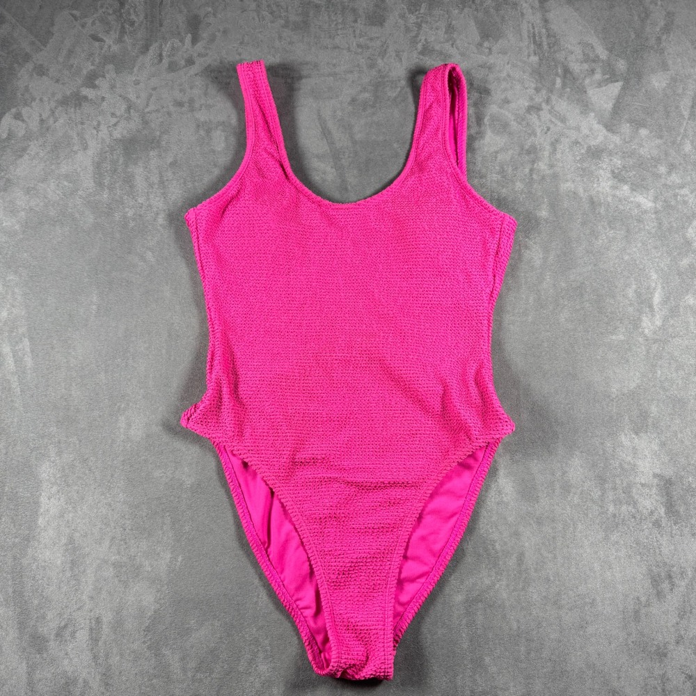 Hula Honey Hot Pink Smocked Crinkle One Piece Swim Medium Scoop Back‎ High Cut